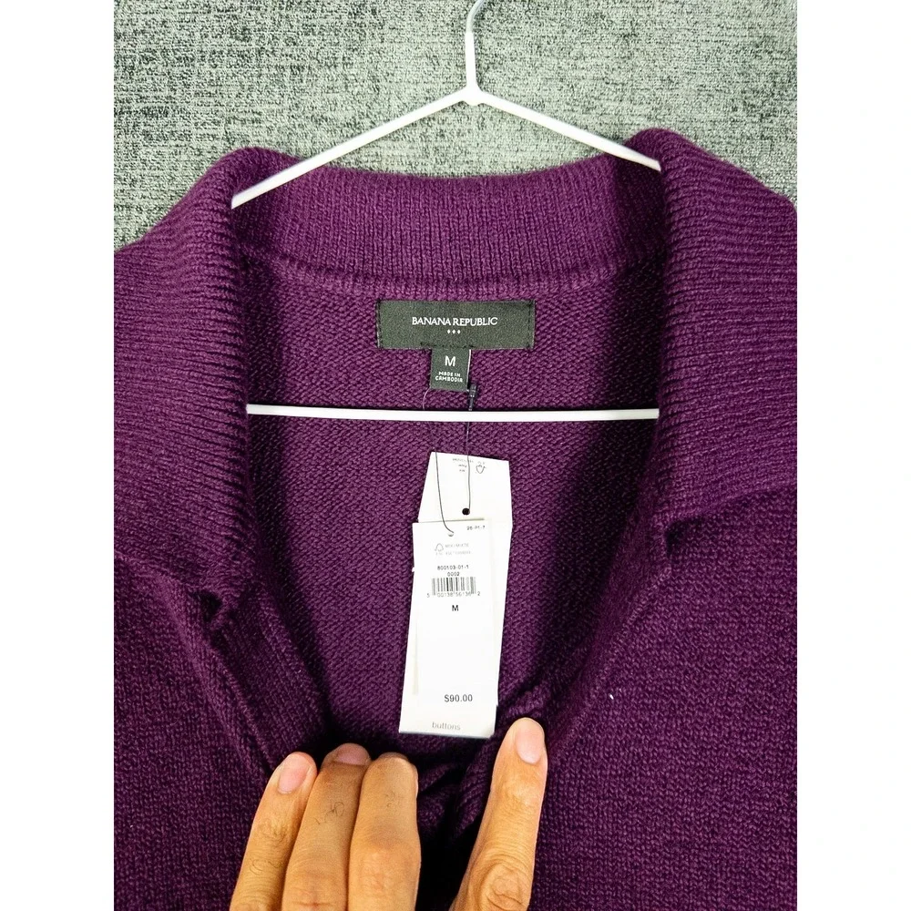 NWT Banana Republic Polo‎ Collar Button Knit Sweater Mens M Purple Cotton Preppy
